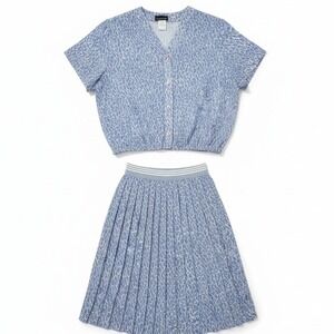 CB Collections Vintage Blue Abstract Print Two Piece Pleated Skirt Set Size 14.5